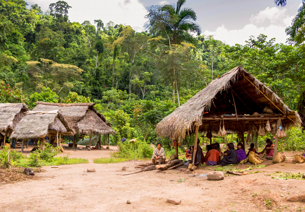 Thatched huts stand in a lush forest clearing; people sit under one hut engaging in conversation. Dense trees and foliage surround the settlement, creating a secluded, natural setting.