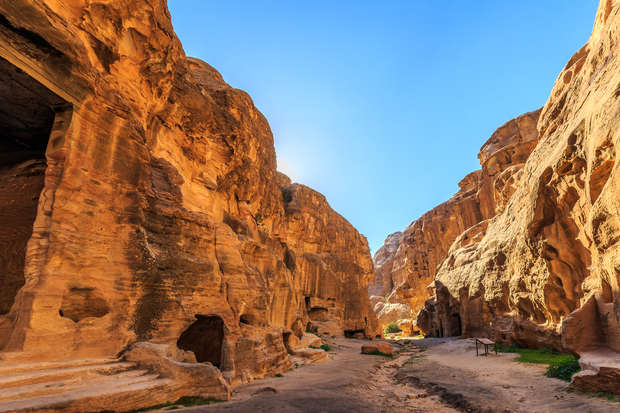 Rocky canyon walls towering over a sandy, sunlit path, casting shadows. Bright blue sky visible above, with patches of greenery on the ground, enhancing the rugged, natural landscape.