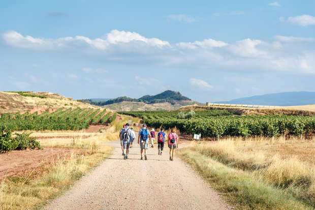 Hikers walk down a gravel path, bordered by fields and vineyards, under a blue sky with scattered clouds, while hills rise in the background.