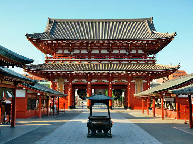A traditional Japanese temple with a symmetrical design stands amid a quiet courtyard. An incense burner is centered in the foreground. Wooden structures line the sides, under a clear blue sky.