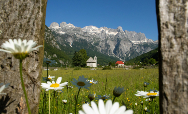 Daisies stand in a meadow, framed by wooden posts, with a distant stone church and red-roofed building set against majestic, rocky mountain peaks under a clear blue sky.